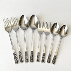 Vintage MCM Stainless Steel Japan Forks Spoons Set of 8 Black Scroll Retro